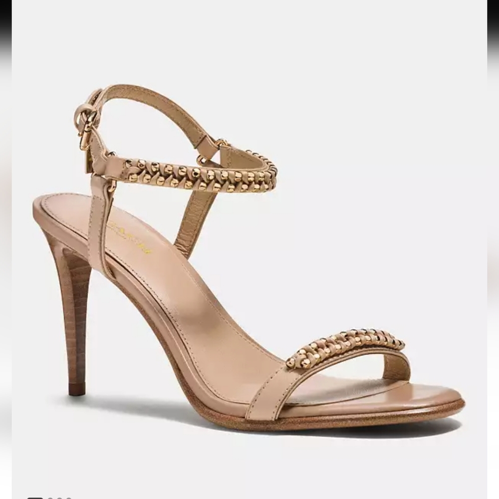 Coach Tan Kalie Soft Shine Heel Sandals with Gold Accents SZ 8.5, Heels 4"